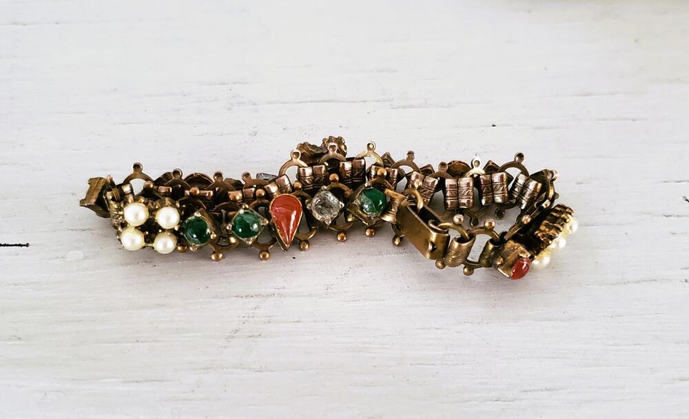 Victorian Revival Brass Filigree Faux Pearl & Glass Stone Bracelet